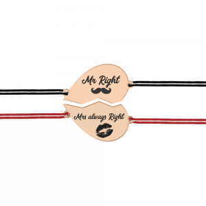 Set bratari argint cuplu inimioare 16 mm si snur negru (M) si rosu (F) (2 bucati incluse) - personalizate cu text - placate cu aur roz